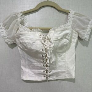 I.AM.GIA White Lace-Up Puff Sleeve Blouse